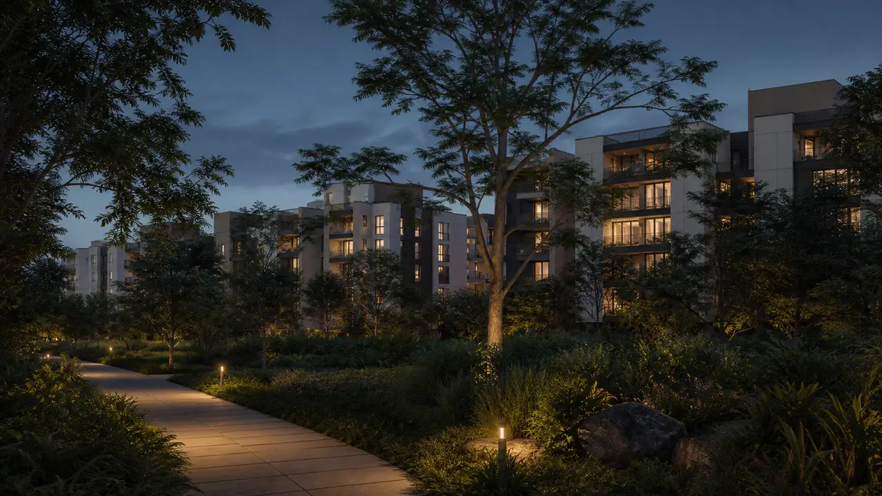 Conceptual residential edge at dusk with trees and low-rise buildings