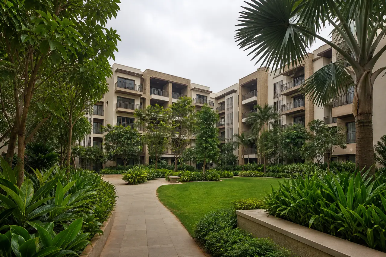 Layered tropical garden surrounded by mid-rise homes