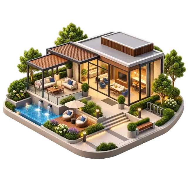 Conceptual 3D clubhouse and community-space amenity study for Prestige Huyilalu